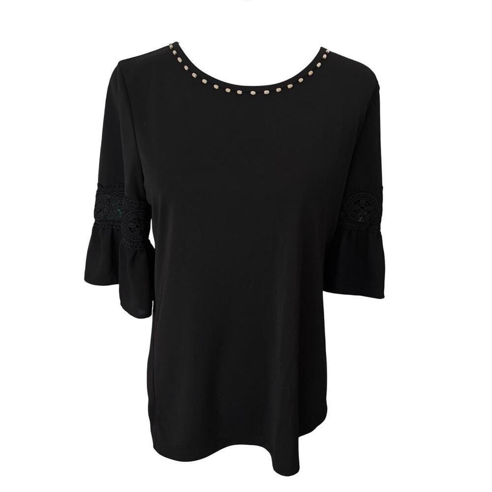 Karl Lagerfeld Paris Black Bell Sleeve Lace Crochet Blouse Top Bead Neck M